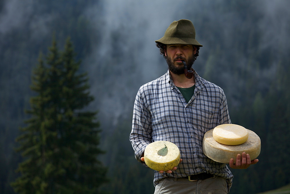 Agostino Manuel Cravos, milk processing, pasture Arnv=, Breguzzo valley, Giudicarie valley, Adamello Brenta Park, Trentino, Italy