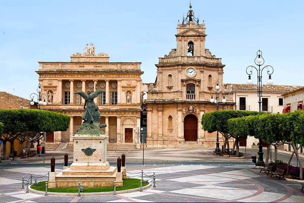 Piazza del Popolo square, Comunale Theatre on the Left and Chiesa delle Grazie church on the right, Vittoria village, Sicily, Italy, Europe