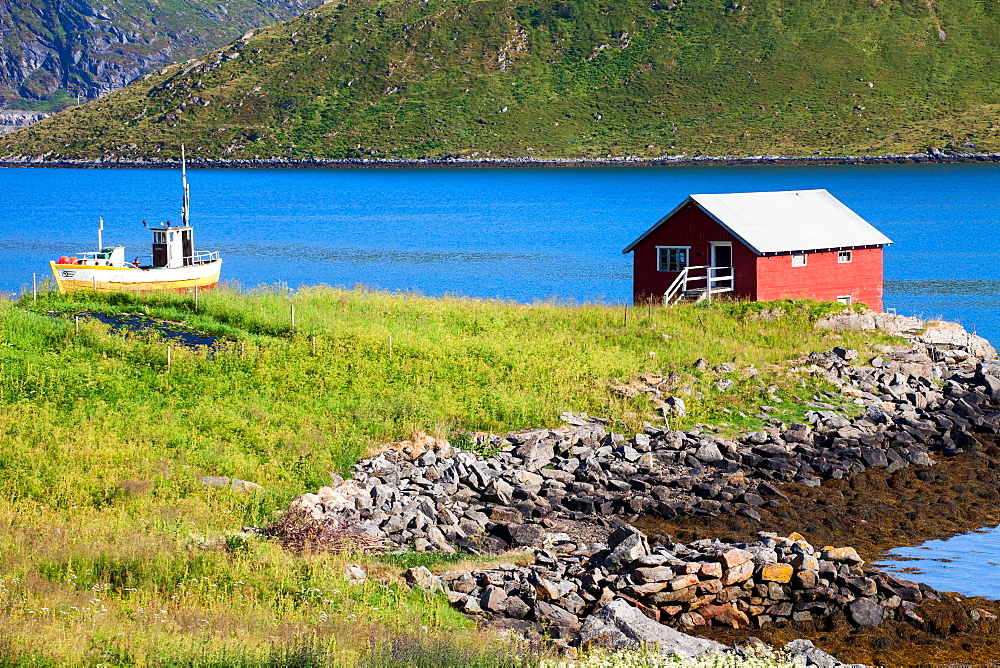 Lofoten, Flakstadoya island, view of a little fishermen village, Norway, Europe