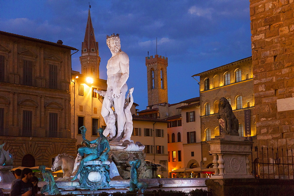 Neptune fountain, Signoria square at dusk Florence, Tuscany, Italy, Europe