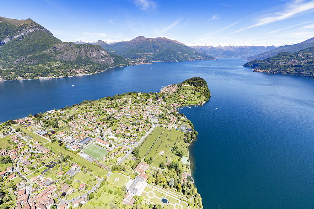 Aerial view of the village of Bellagio frames by the blue water of Lake Como on a sunny spring day Lombardy, Italy, Europe