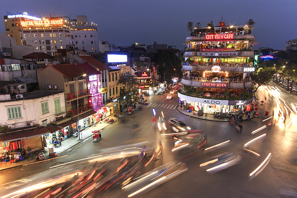 Aerial view of Hanoi at twilight at intersection locating next to Hoan Kiem lake, center of Hanoi, Vietnam, Indochina, Southeast Asia, Asia