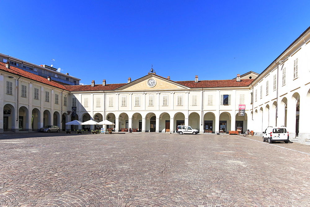 Piazza Ottinetti, the main square of Ivrea famous for the carnival orange battle, Italy