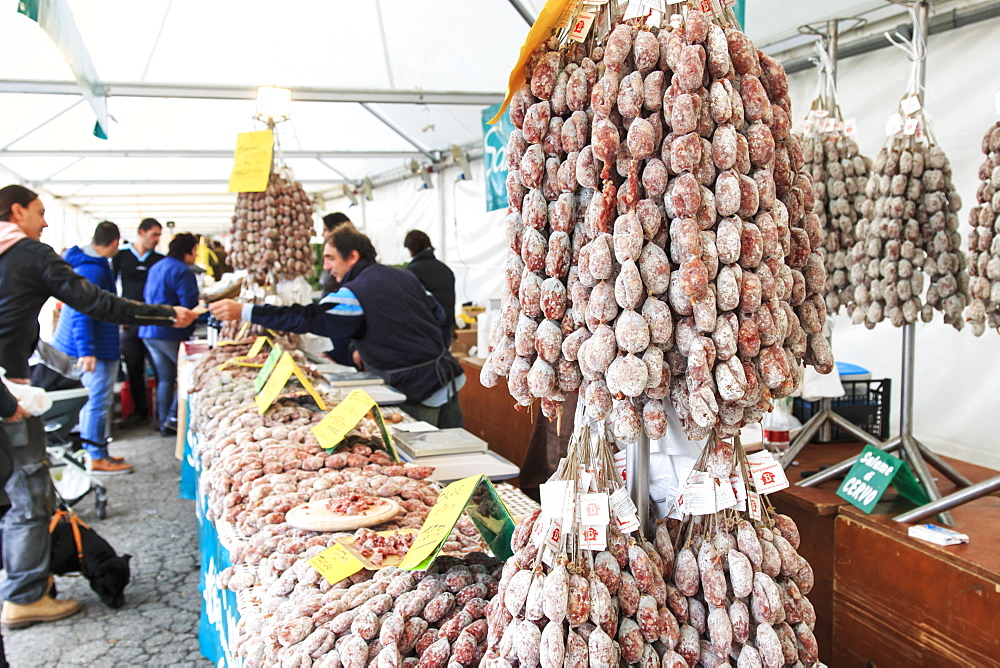 Closeup of Italian salami with relative price tags at the Moncalvo truffle fair, Moncalvo, Piedmont, Italy, Europe