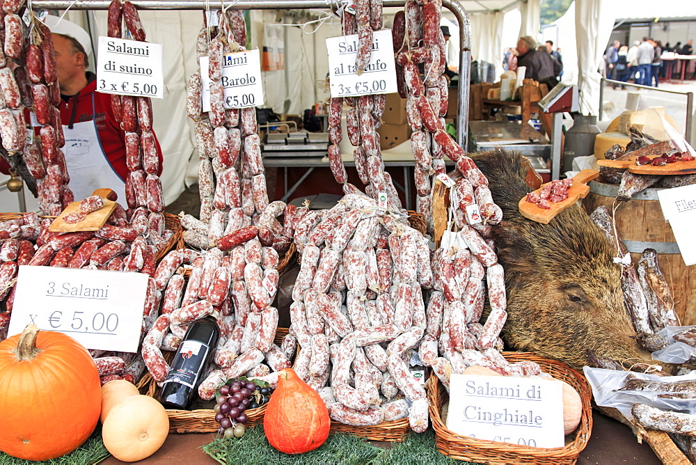 Closeup of Italian salami with relative price tags at the Moncalvo truffle fair, Moncalvo, Piedmont, Italy, Europe