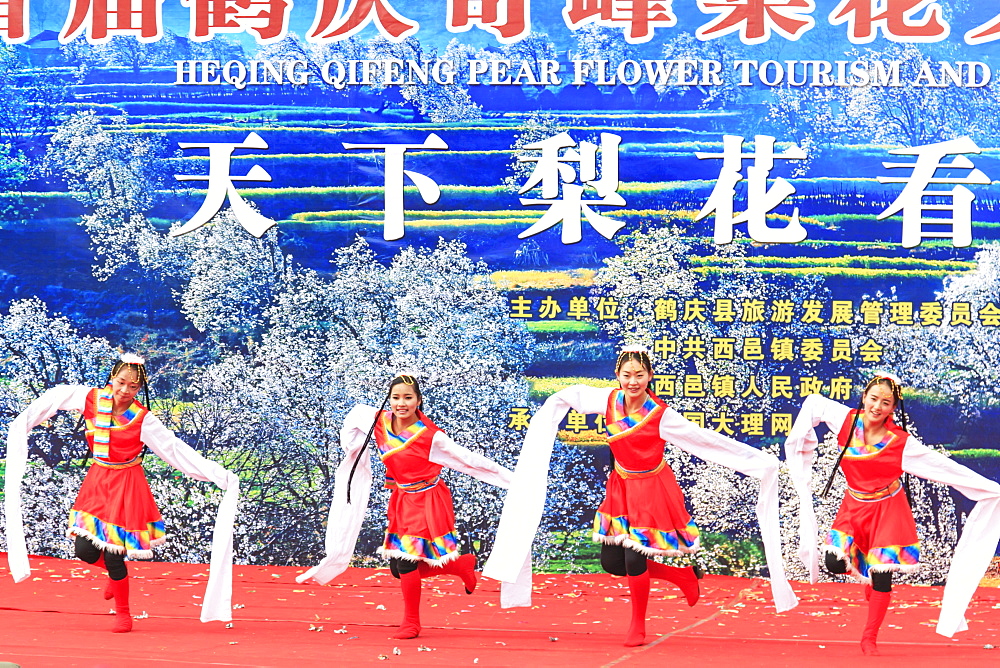 Chinese women dressed with traditional clothing dancing and singing during the Heqing Qifeng Pear Flower festival, China