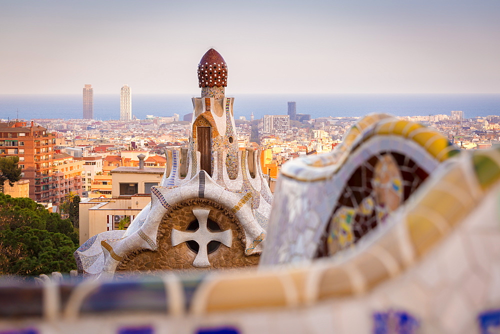 Details of the modernism Park Guell designed by Antoni GaudÃ­, Park Guell, Barcelona, Spain, Europe