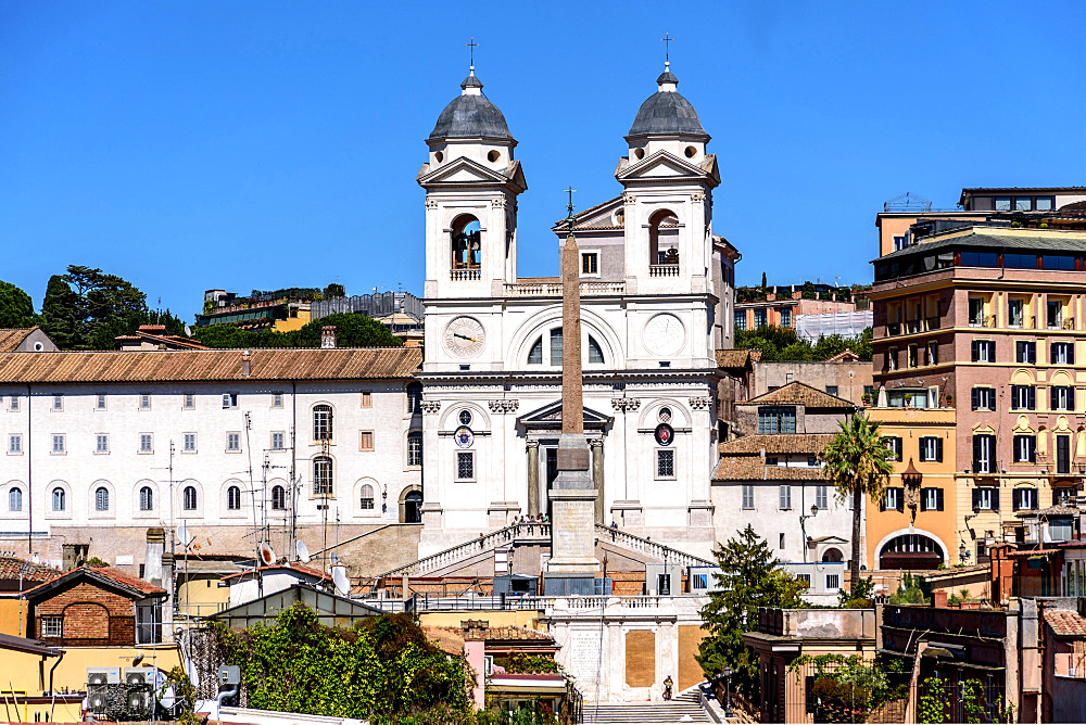 Fligh of steps, Church, Scalinata, Trinita dei Monti, Chiesa Trinita dei Monti, Tetti, Rome, Lazio, Italy, Europe