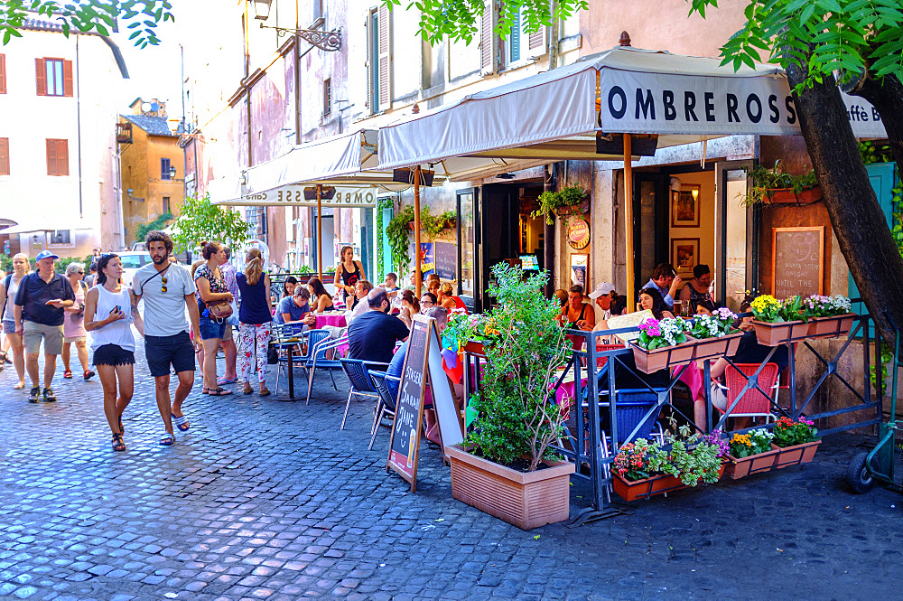 People sitting outside a bar in the evening, Trastevere district, Rome, Lazio, Italy, Europe