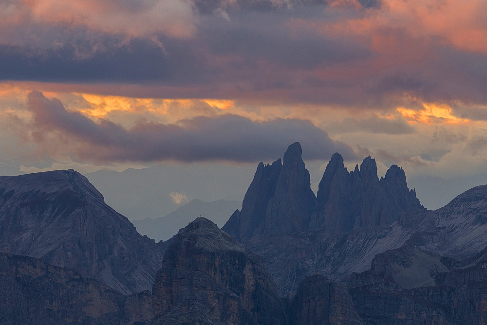 Sunrise over the Geisler (Odle) and Puez mountains in South Tyrol. The Dolomites are listed as UNESCO World heritage. europe, central europe, italy