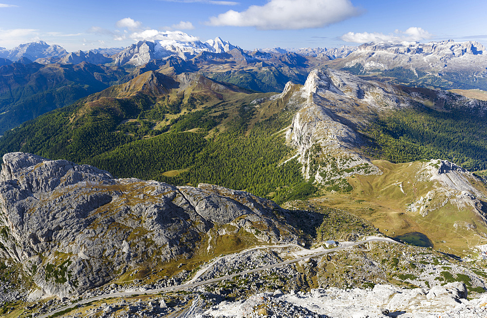 Mount Marmolada, the queen of the dolomites. In the foreground Valparola mountain road and mountain pass. The Dolomites are listed as UNESCO World heritage. europe, central europe, italy