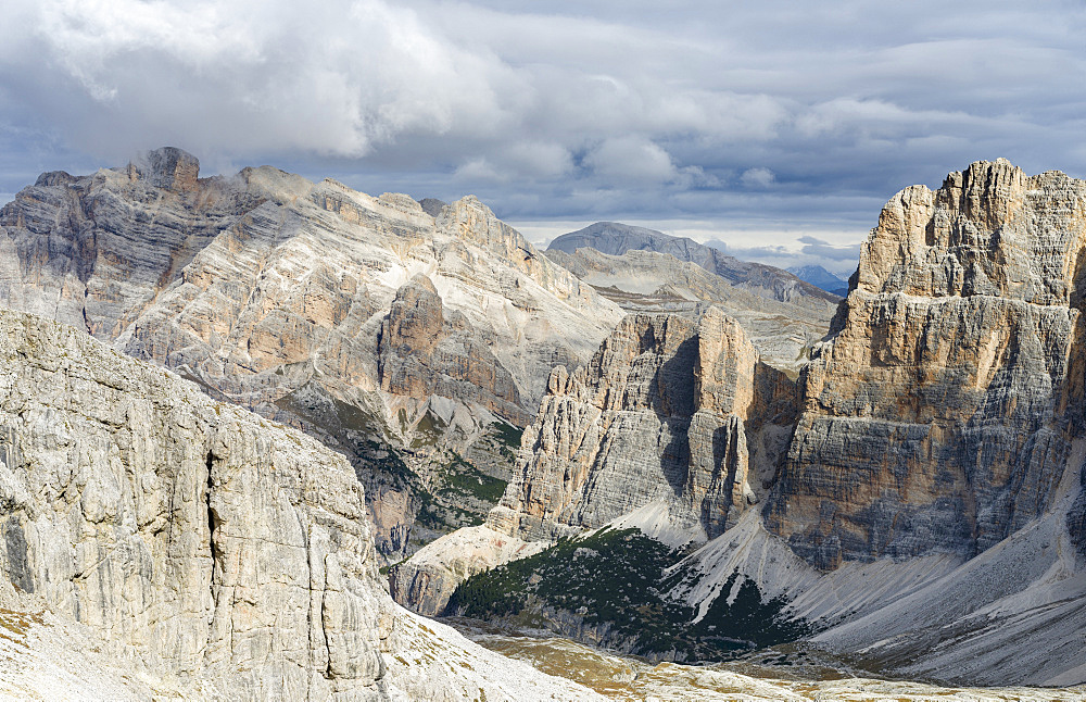 Mount Conturines and the  Fanes mountains high above Alta Badia in the Dolomites.  The Dolomites are listed as UNESCO World heritage. europe, central europe, italy,  october