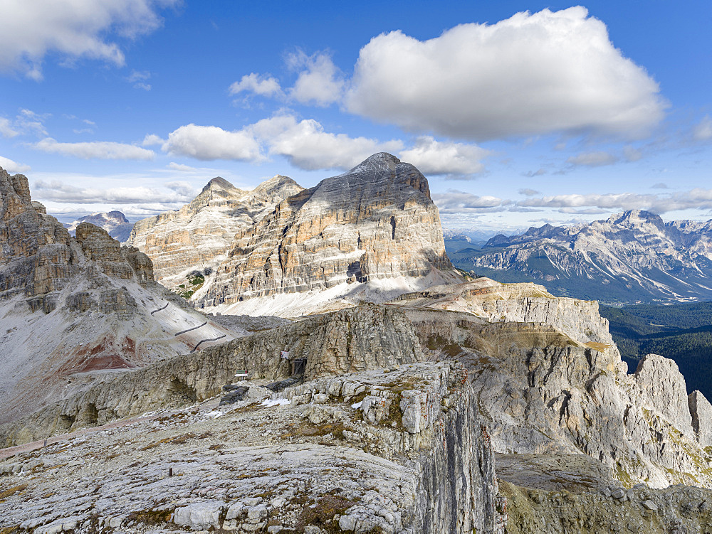 Emplacements of the Austrian forces during  World War 1 at Mount Lagazuoi in the Dolomites, now preserved as a museum. The peaks of the Tofane in the background. The Dolomites are listed as UNESCO World heritage. europe, central europe, italy,  october