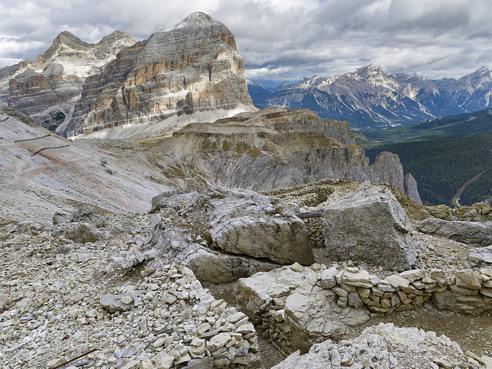 Emplacements of the Austrian forces during  World War 1 at Mount Lagazuoi in the Dolomites, now preserved as a museum. The peakds of the Tofane in the background. The Dolomites are listed as UNESCO World heritage. europe, central europe, italy,  october