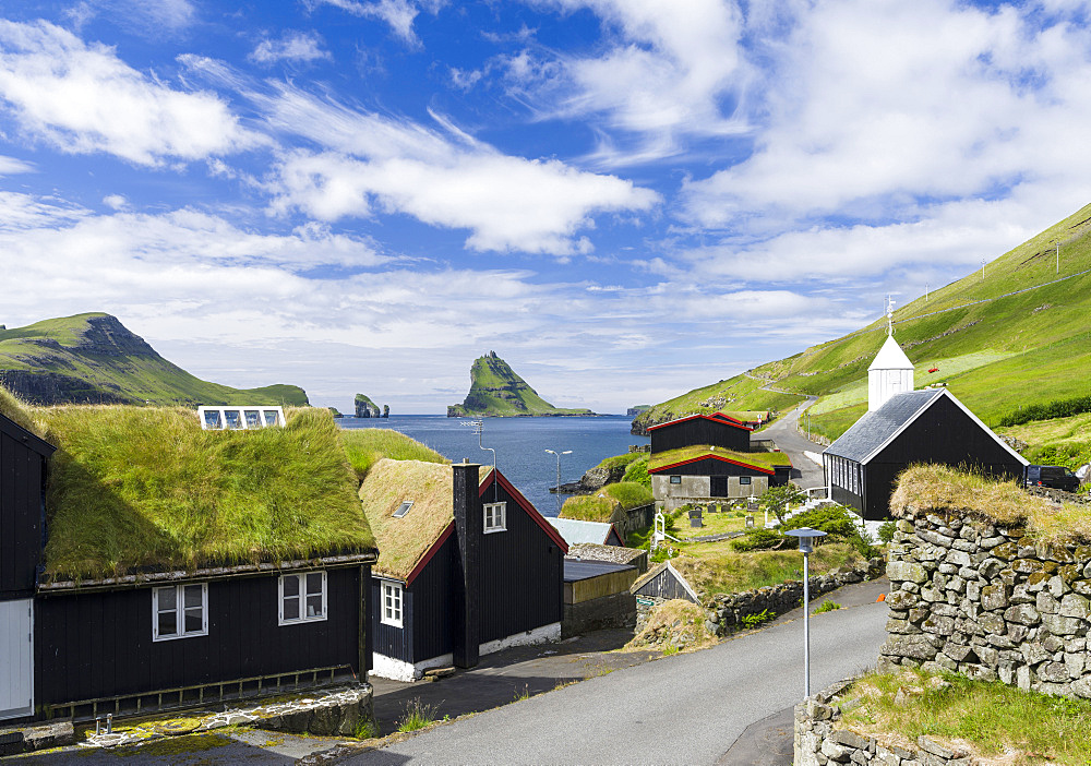 Bour (Boeur), a traditional village at Sorvagsfjordur.  The island Vagar, part of the Faroe Islands in the North Atlantic.  Europe, Northern Europe, Denmark, Faroe Islands