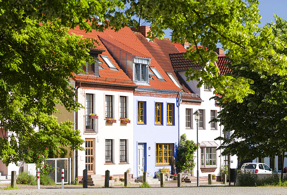 Traditional houses at the Alter Markt (old market square). The hanseatic city of Rostock at the coast of the german baltic sea.  Europe,Germany, Mecklenburg-Western Pomerania, June