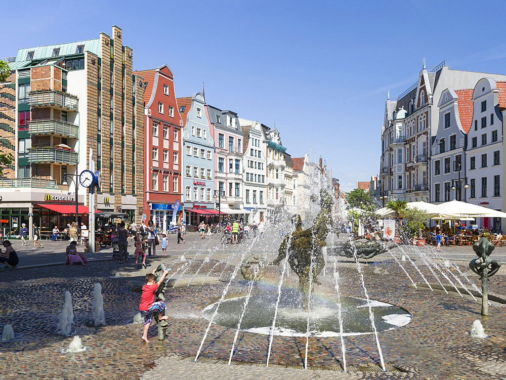 Fountain Brunnen der Lebensfreude ( lust for life ) at the Kroepeliner Strasse. The hanseatic city of Rostock at the coast of the german baltic sea.  Europe,Germany, Mecklenburg-Western Pomerania, June