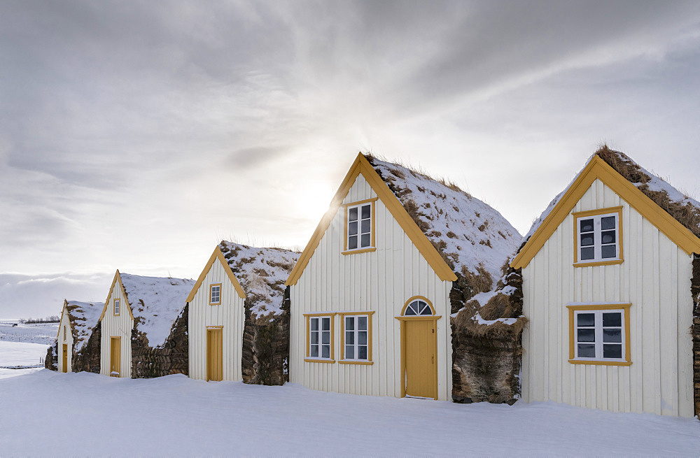 Glaumbaer open air museum during winter, historic and traditional houses with sod roofs. europe, northern europe, iceland,  March