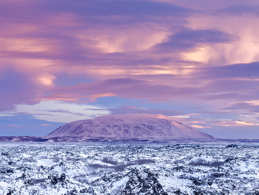 Lava field Dimmuborgir during winter near lake Myvatn in the highlands of Iceland in deep snow. View towards south into the central highland wiht mount  Sellandafjall . europe, northern europe, iceland,  February