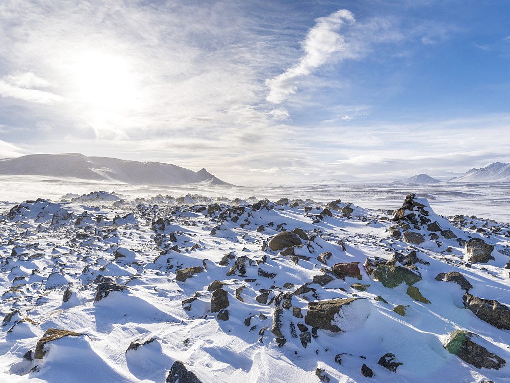 The Highland of Iceland close to the ring road during winter in stormy and sunny weather conditions. europe, northern europe, iceland,  February