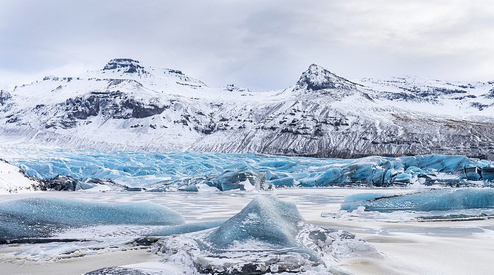 Glacier Svinafellsjoekul in the  Vatnajoekull NP during winter. The glacier front and the frozen glacial lake. europe, northern europe, iceland,  February