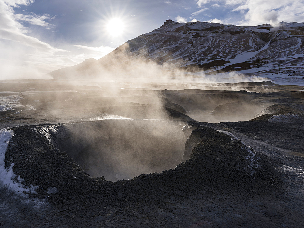 Geothermal area Hveraroend with mudpots, fumarales and solfataras near lake Myvatn and the ring road. europe, northern europe, iceland,  February