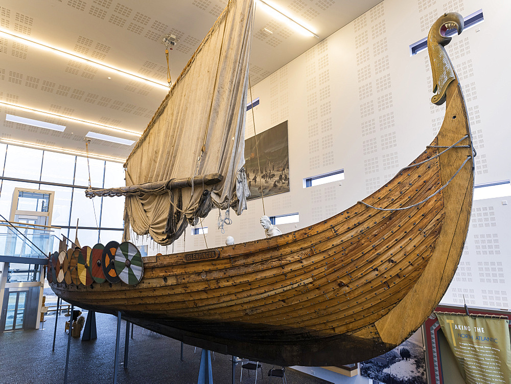 Vikingaheimar (Viking Wolrd), museum in Keflavik displaying a seaworthy replica of a magnificent Viking Ship called  Islendingur.  europe, northern europe, iceland,  February