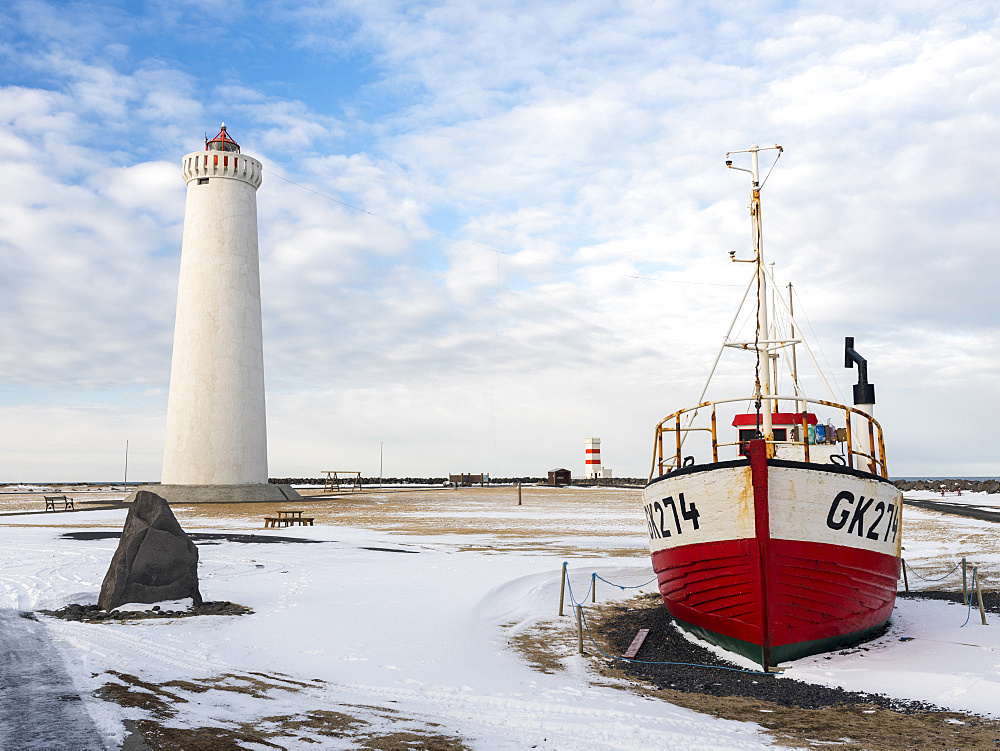 Cape Gardskagi with lighthouse and local museum during winter on the Reykjanes peninsula. europe, northern europe, iceland,  February