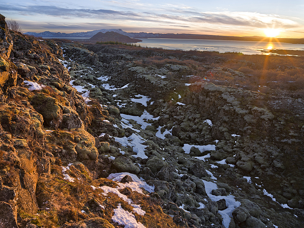 Thingvellir National Park in Iceland during winter. Thingvellir is listed as UNESCO world heritage site. Sunset over lake Thingvallavatn. europe, northern europe, scandinavia, iceland,  March