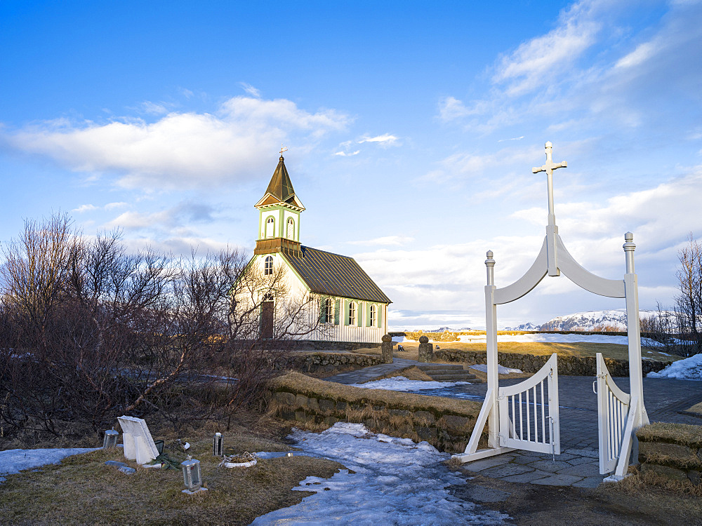 Thingvellir National Park in Iceland during winter. Thingvellir is listed as UNESCO world heritage site. The church of Thingvellir. europe, northern europe, scandinavia, iceland,  March