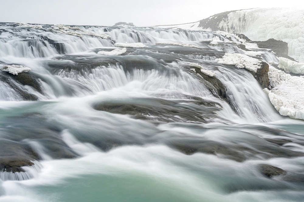 Gullfoss waterfall part of the famous iclandic touristic route Golden Circle during Winter.  europe, northern europe, iceland, march