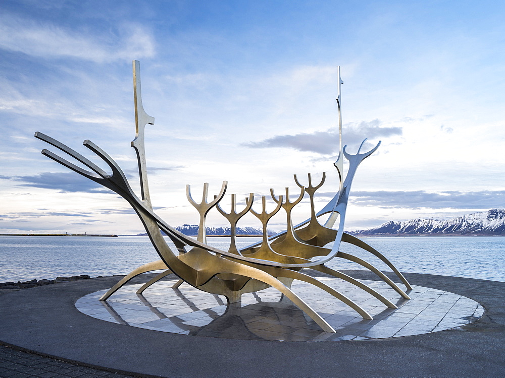 Solfar, a landmark of  Reykjavik. Solfar  icelandic for Sun Voyager is a sculture made of stainless steel in the harbour of Reykjavik made be the artist Jon Gunnar Arnason.  europe, northern europe, iceland,  February