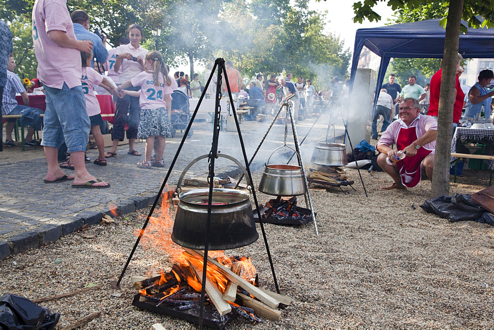 Fish soup, Chowder, Festival  in Baja, Hungary. Every year on the second Saturday in July the town center of Baja is one big open air soup kitchen,Europe, Eastern Europe, Hungary, Baja