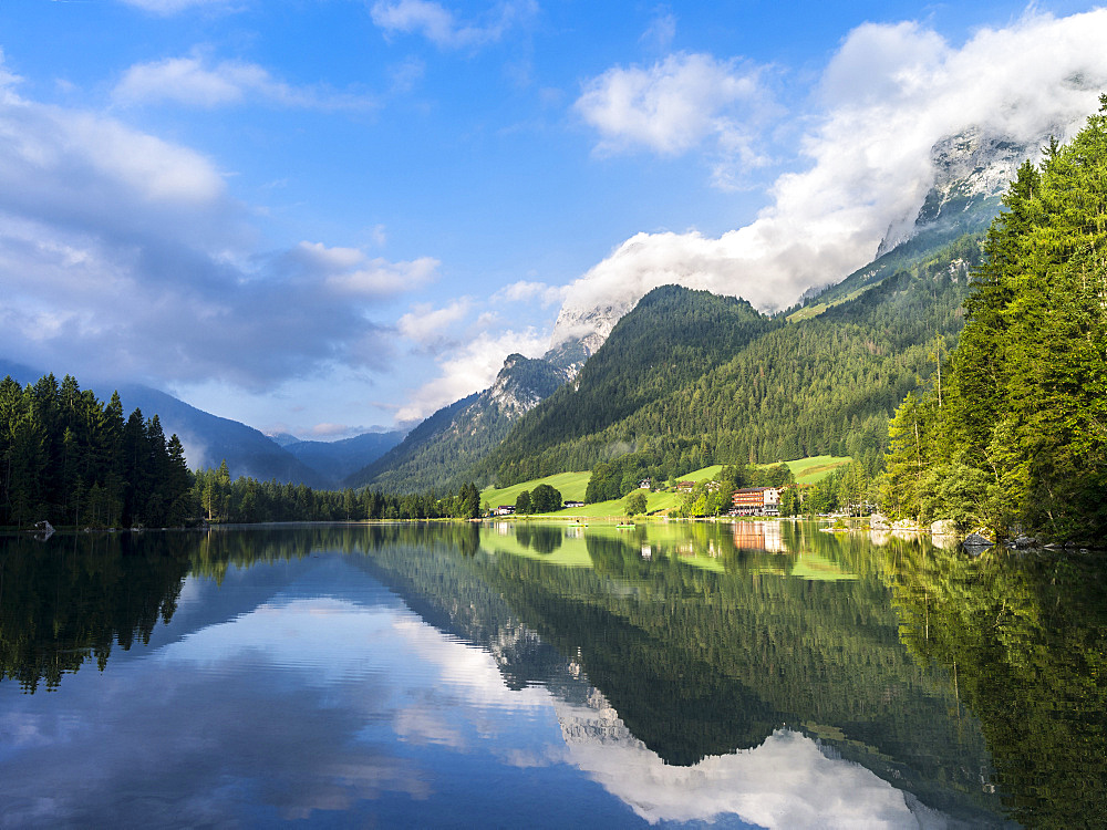 The romantic lake Hintersee , at morning with Reiter Alpe Mountain chain in the NP Berchtesgaden. Europe, Central Europe, Germany, Bavaria, July