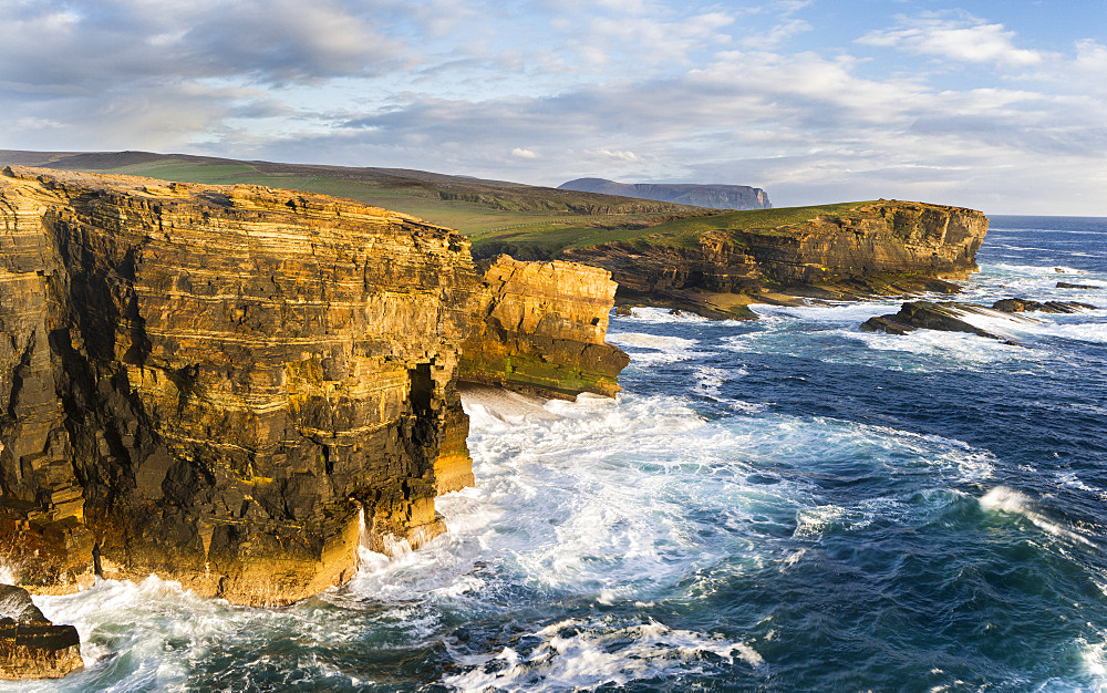 The Cliffs of Yesnaby in Orkeny, Scotland, during stormy weather and sunset.  europe, central europe, northern europe, united kingdom, great britain, scotland, northern isles,orkney islands, June