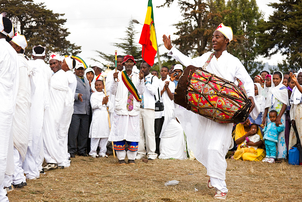 Groups of dancers and musicans are celebrating timkatTimkat cerimony of the ethiopian orthodox church, Timkat procession is entering the jan meda sports ground in Addis Ababa, where the three day cerimony takes place, Timkat  is also the celebration of the baptism of Jesus, for this purpose sacred water is distributed, Africa, East Africa, Ethiopia, Addis Ababa, Africa, East Africa, Ethiopia, Addis Ababa