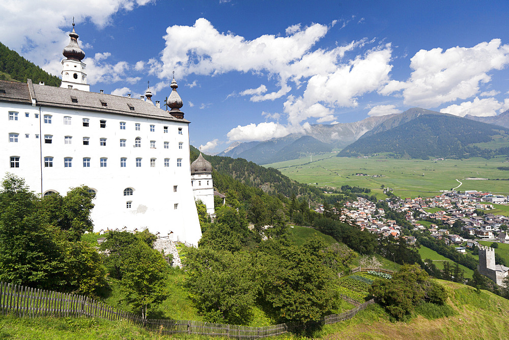 Abbey Marienberg, Vinschgau (Val Venosta) overlooking valley vinschga (val venosta) and the village of burgeis (bugusio) close to pass reschen (passo di resia).Founded in the 12th century it was cultural center of the upper vinschgau. Europe, Central Europe, Italy