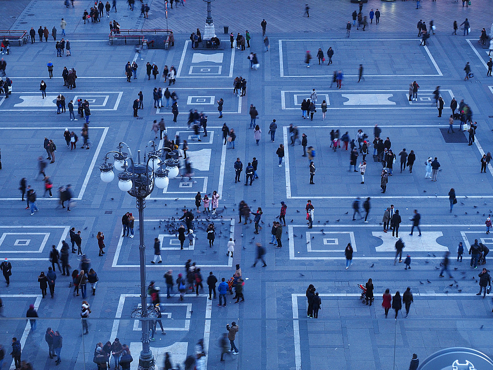 Rooftop of Galleria Vittorio Emanuele II, Highline walk, Aerial view, Piazza del Duomo square, Milan, Lombardy, Italy, Europe