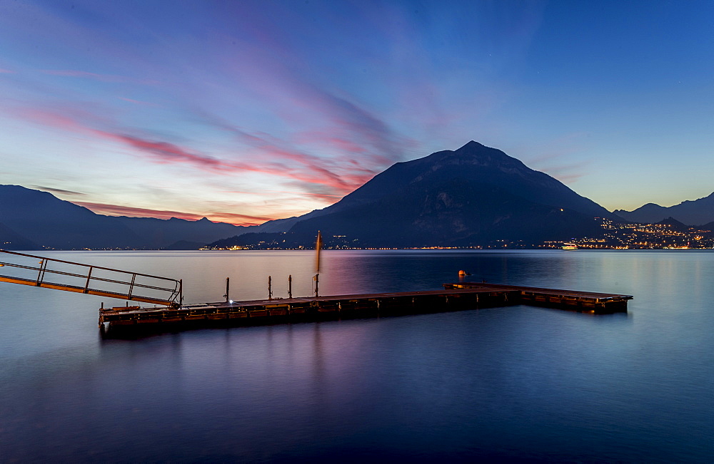 Pier at sunset, Varenna, Como Lake, Lombardy, Italy, Europe