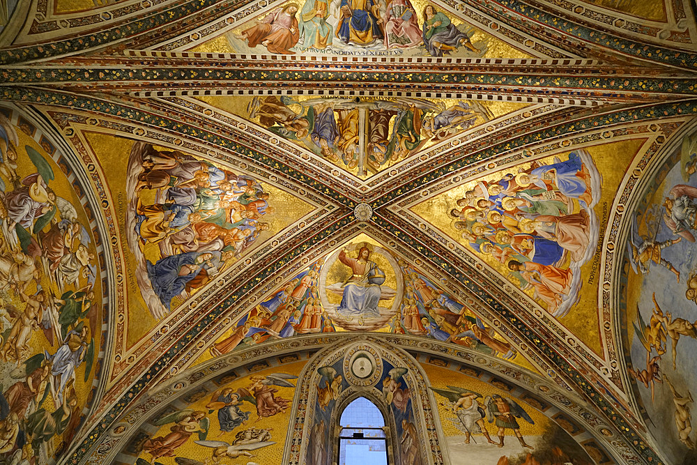 Frescoed ceiling of the Chapel of San Brizio, frescoed mainly by Luca Signorelli and recently restored, Cathedral Basilica of Santa Maria Assunta is the main Catholic place of worship in Orvieto, and a masterpiece of Gothic architecture in Central Italy, Umbria, Italy, Europe