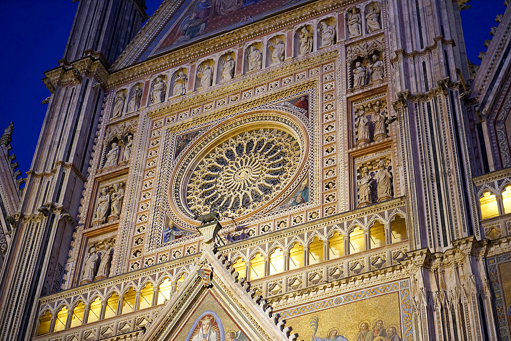 Façade of the Cathedral Basilica of Santa Maria Assunta is the main Catholic place of worship in Orvieto, and a masterpiece of Gothic architecture in Central Italy, Umbria, Italy, Europe