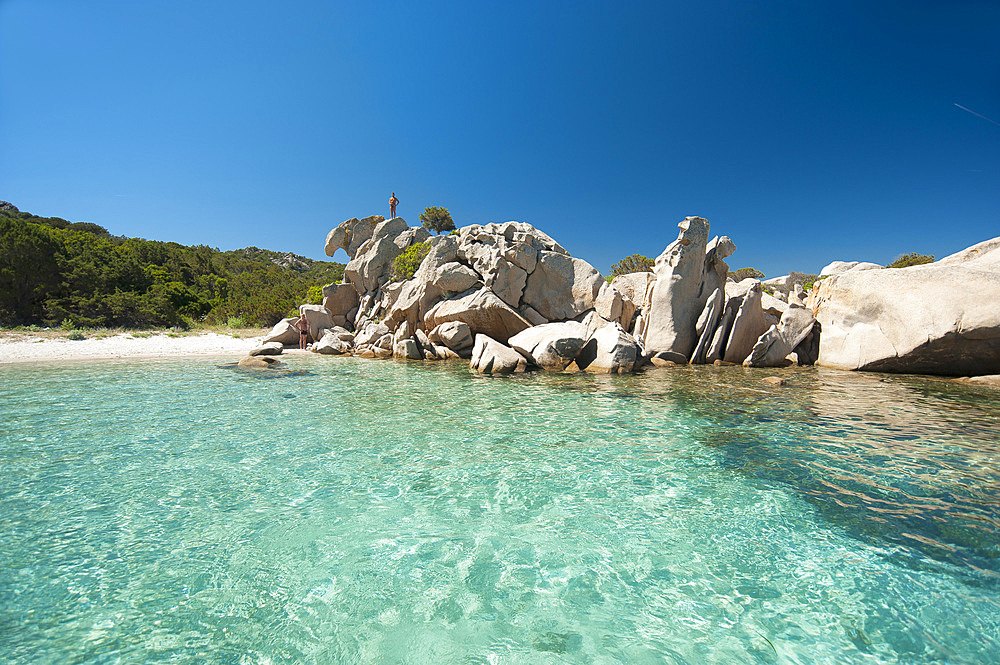 Sassi Piatti, Cala Girgolu, San Teodoro, on background Tavolara Island, Sardinia, Italy, Europe