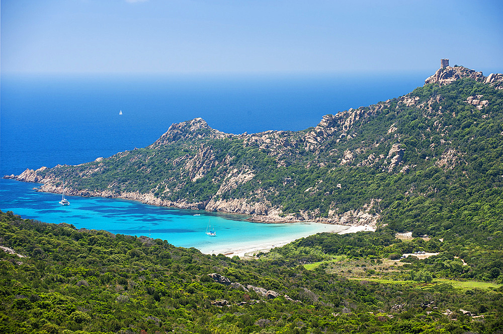 Sandy beach and bay of Roccapina, Corsica, France, Europe