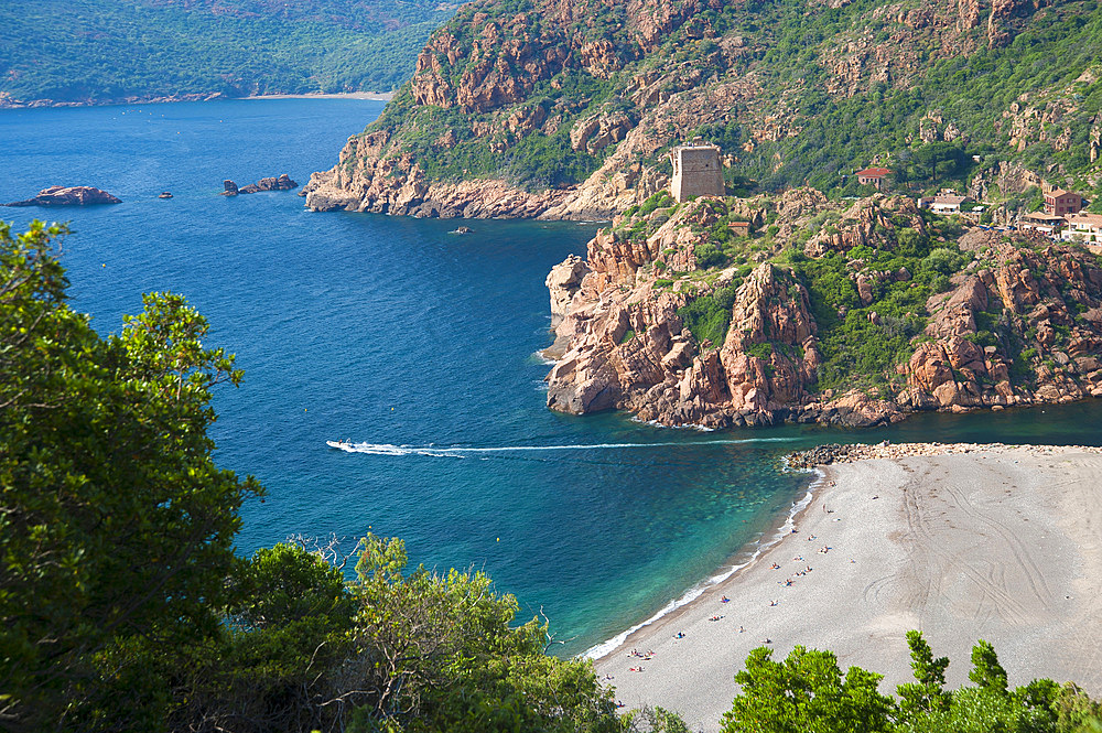 Porto and Genoese tower on rocky headland, Golfe Di Porto, Corsica, France, Europe