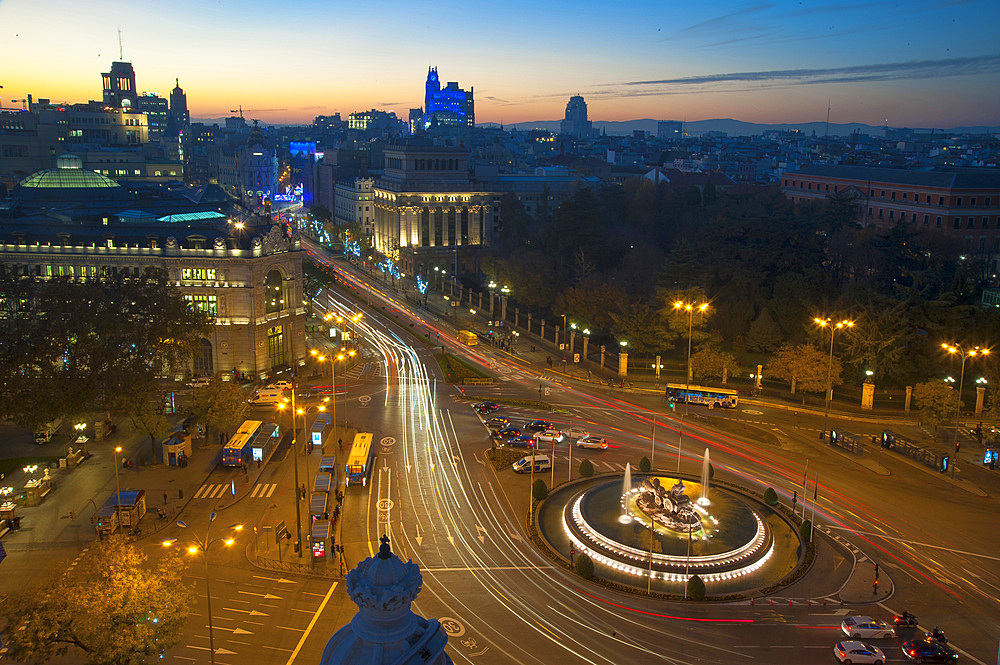 Fountain Cybeles and Cityscape, View from Palacio de Comunicaciones, Calle de Alcalà, Madrid, Spain, Europe