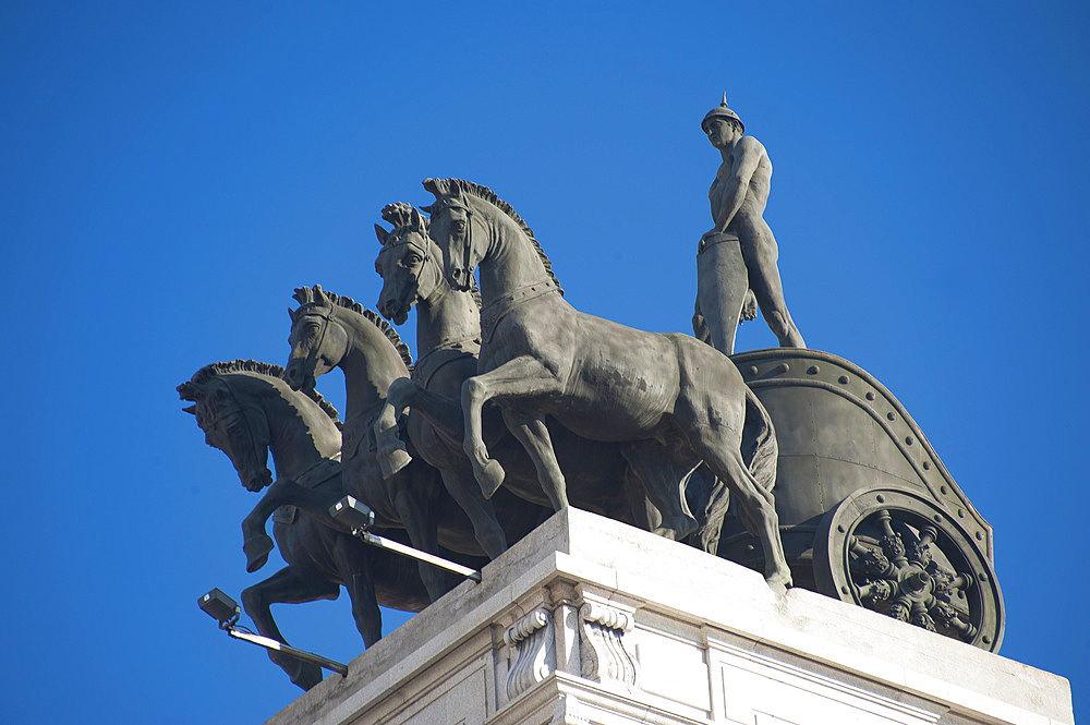 Statue, BBVA Palace, Calle Alcalà, Madrid, Spain, EuropePalace; Calle; Towers; Modern; Hyistoric; Build; Madrid; Spain; Europe; Alcala; Statue; Cityscape; Architecture; Square; Building; Business; Shopping; Store; Skyscraper; Bank; Horizontal;