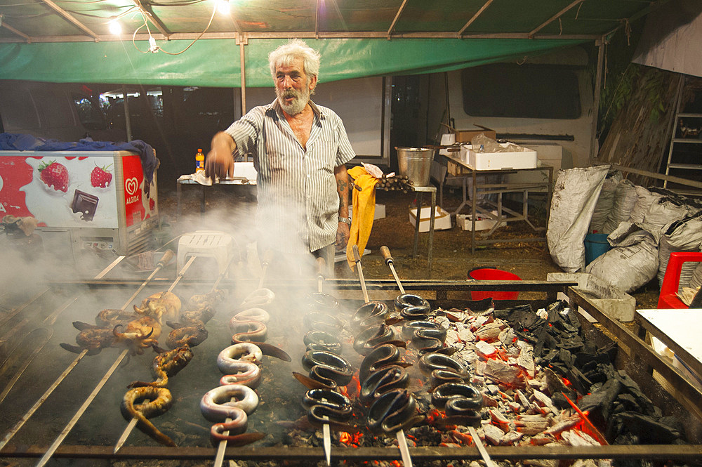 Eels on the spit, typical Sardinia recipe, Campidano, Sardinia, Italy, Europe