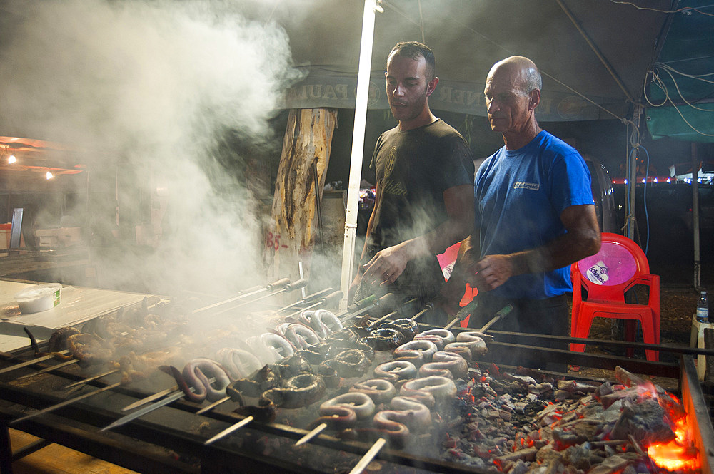 Eels on the spit, typical Sardinia recipe, Campidano, Sardinia, Italy, Europe