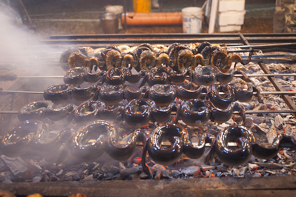 Eels on the spit, typical Sardinia recipe, Campidano, Sardinia, Italy, Europe