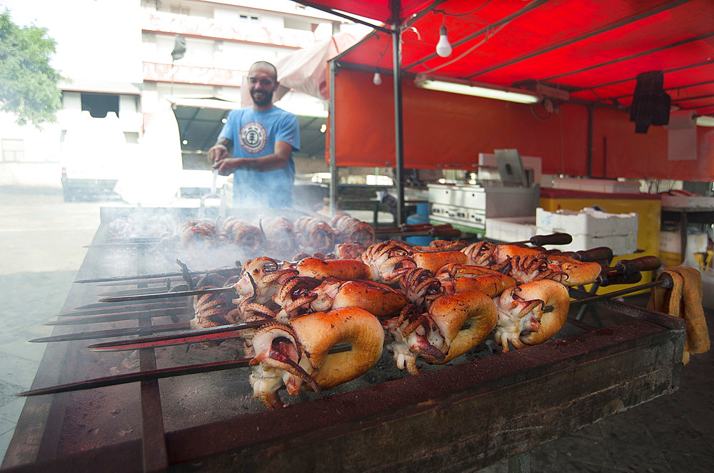 Cuttlefish on the spit, Mullet Grilled, Typical Sardinia recipe, Feast of Santa Vitalia, Serrenti, Campidano, Sardinia, Italy, Europe,